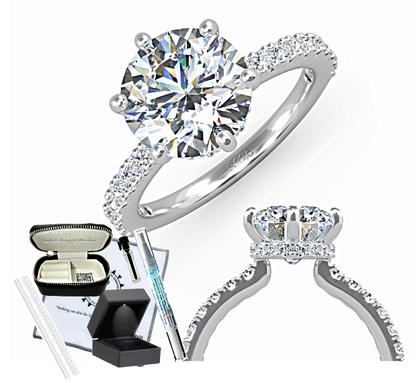 2.5 or 3ct Round Moissanite Engagement Ring 6 Prong/Hidden Halo/Side Stones/ 18K White Gold Vermeil/Lab Created Diamond/D Color VVS1 Clarity/GRA Certified & Engraved/Hypoallergenic/Gift Set